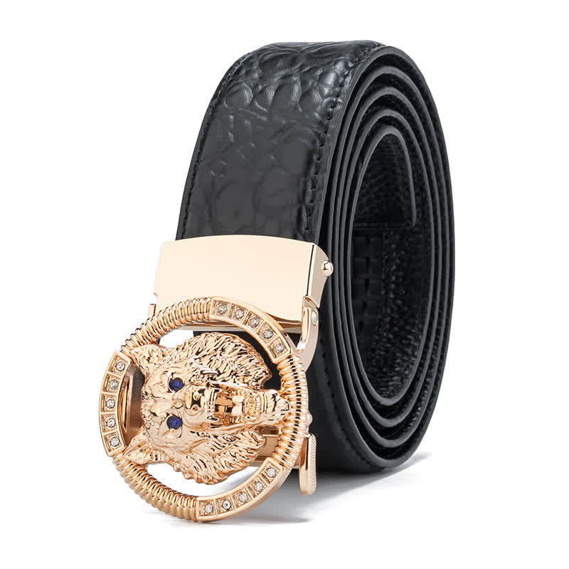 Cinturón de cuero con hebilla automática y diamantes de imitación de lobo redondo para hombre