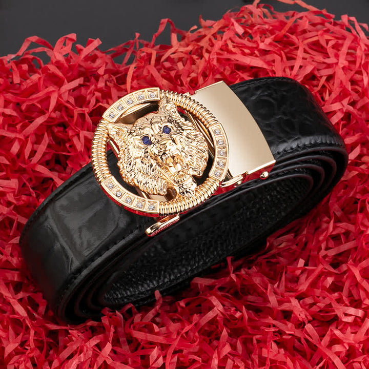 Cinturón de cuero con hebilla automática y diamantes de imitación de lobo redondo para hombre