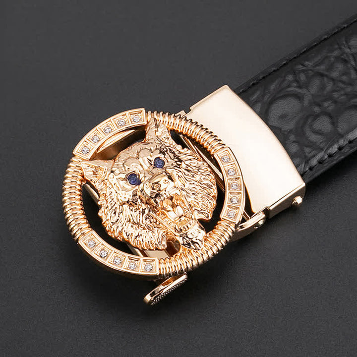 Cinturón de cuero con hebilla automática y diamantes de imitación de lobo redondo para hombre