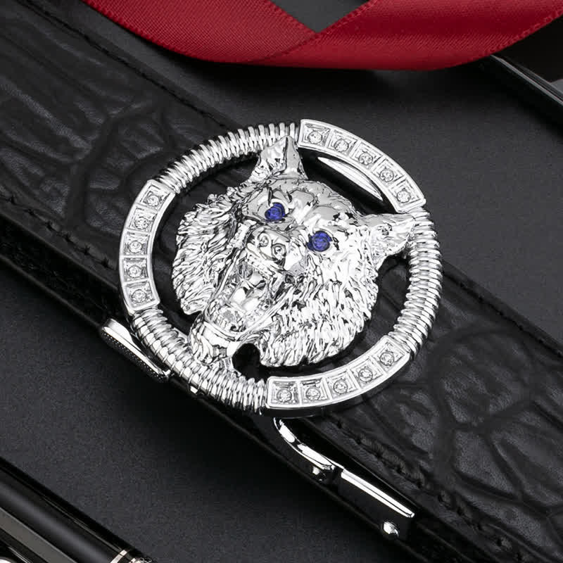 Cinturón de cuero con hebilla automática y diamantes de imitación de lobo redondo para hombre