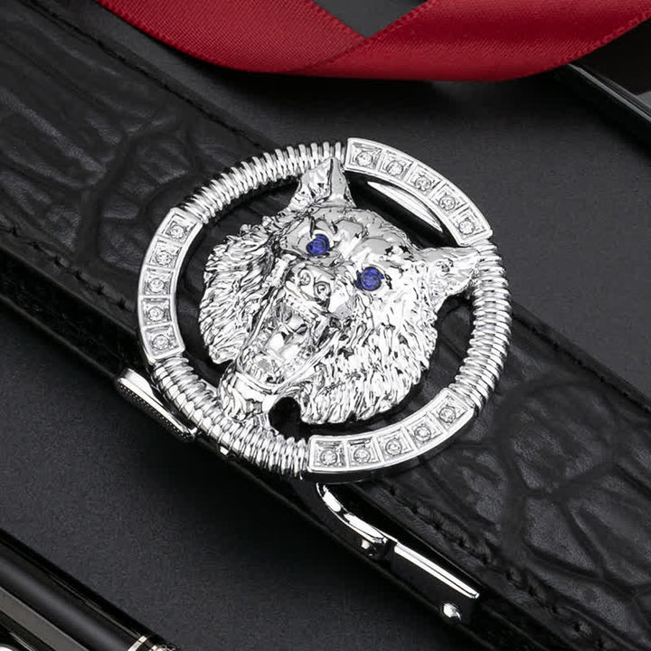 Cinturón de cuero con hebilla automática y diamantes de imitación de lobo redondo para hombre