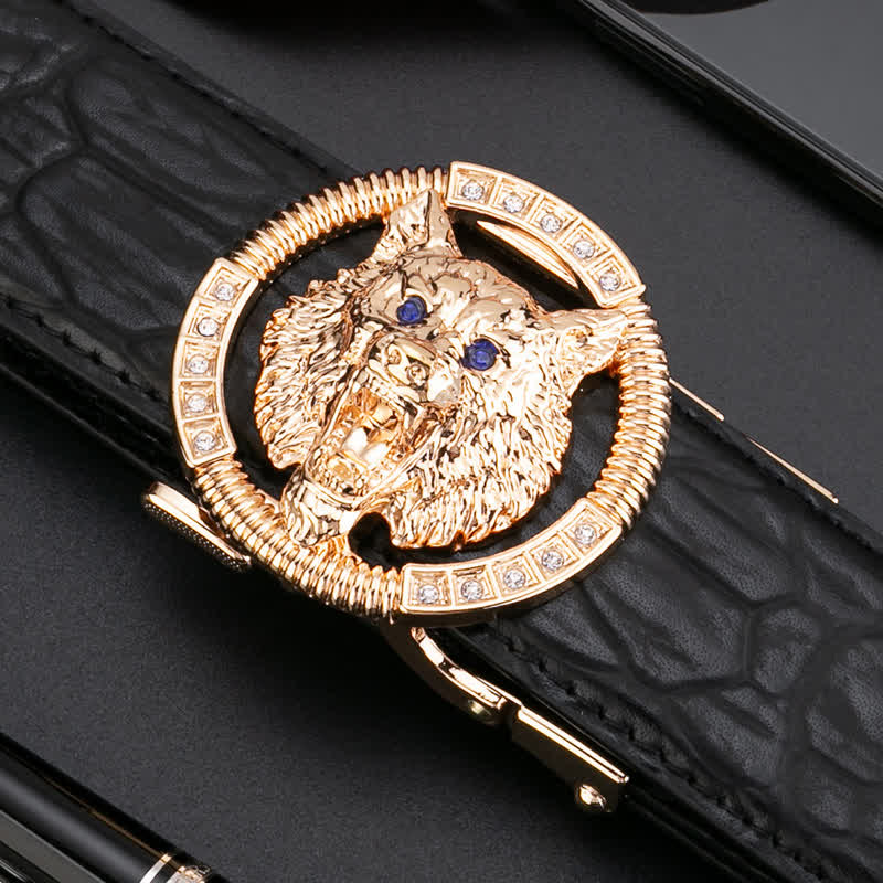 Cinturón de cuero con hebilla automática y diamantes de imitación de lobo redondo para hombre