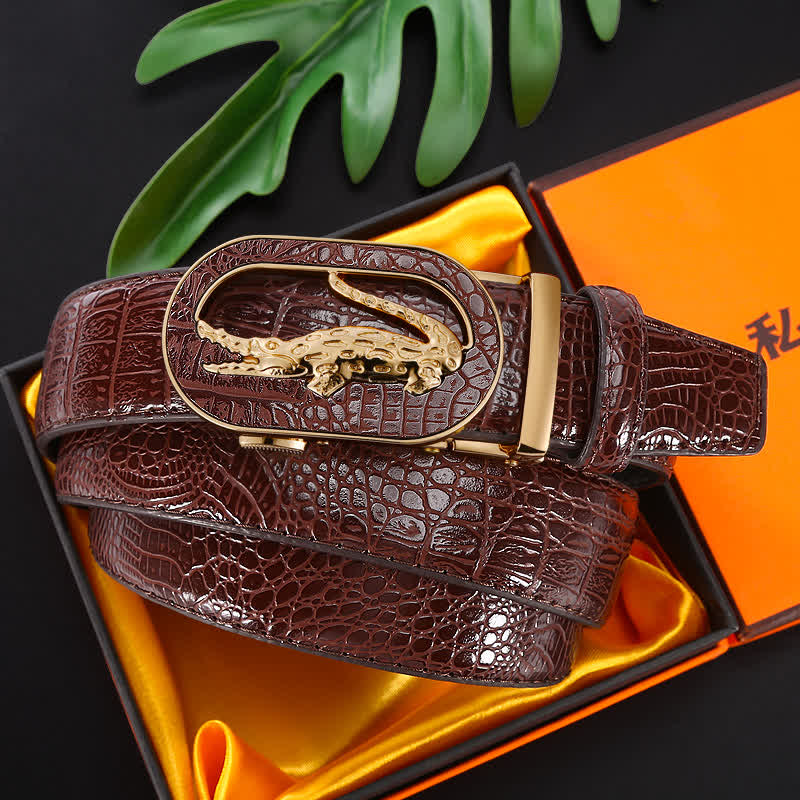 Cinturón de piel con hebilla automática de cocodrilo calado para hombre