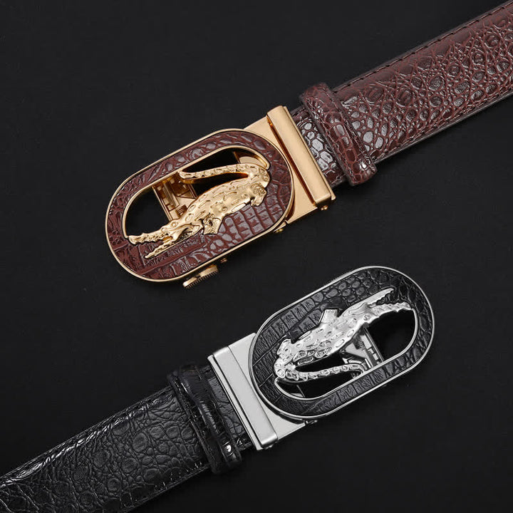 Cinturón de piel con hebilla automática de cocodrilo calado para hombre