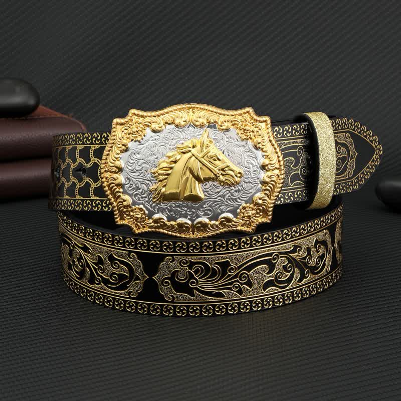 Cinturón de cuero con estampado floral en relieve y diseño de caballo en color bronce para hombre