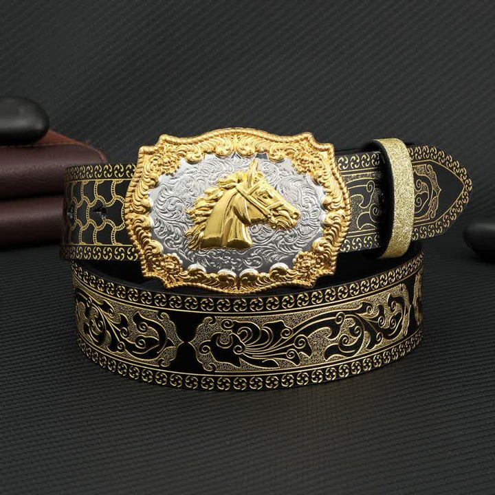Cinturón de cuero con estampado floral en relieve y diseño de caballo en color bronce para hombre
