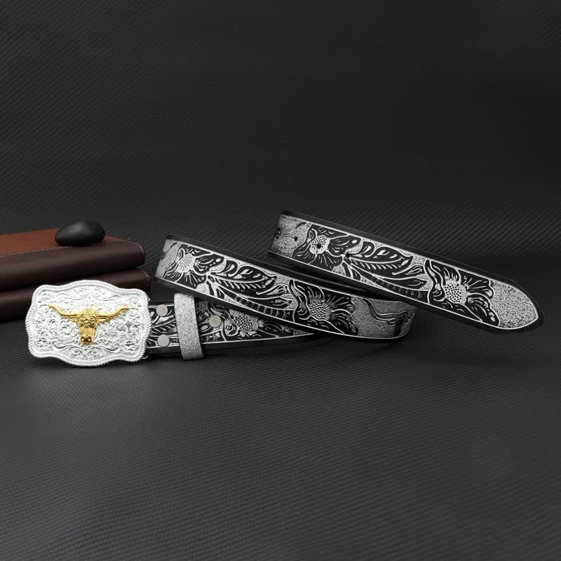Cinturón de cuero con estampado floral en relieve en plata y negro Bull para hombre