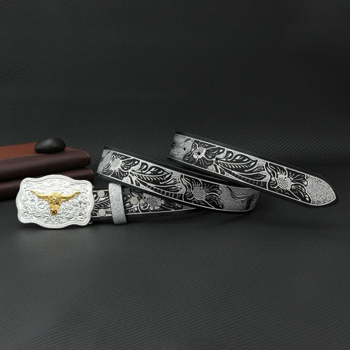 Cinturón de cuero con estampado floral en relieve en plata y negro Bull para hombre