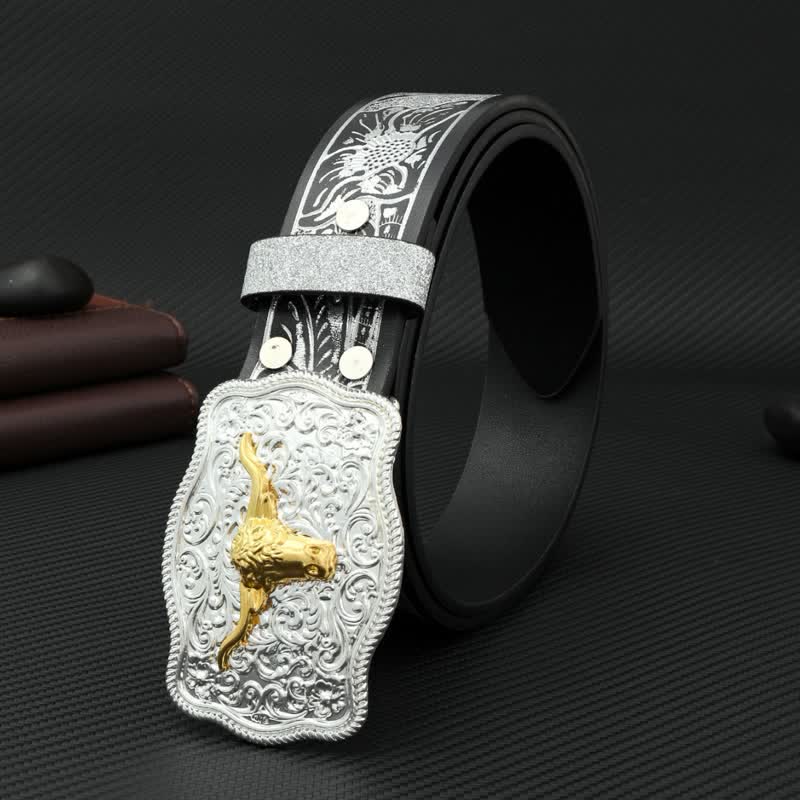 Cinturón de cuero con estampado floral en relieve en plata y negro Bull para hombre