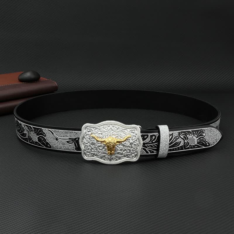 Cinturón de cuero con estampado floral en relieve en plata y negro Bull para hombre