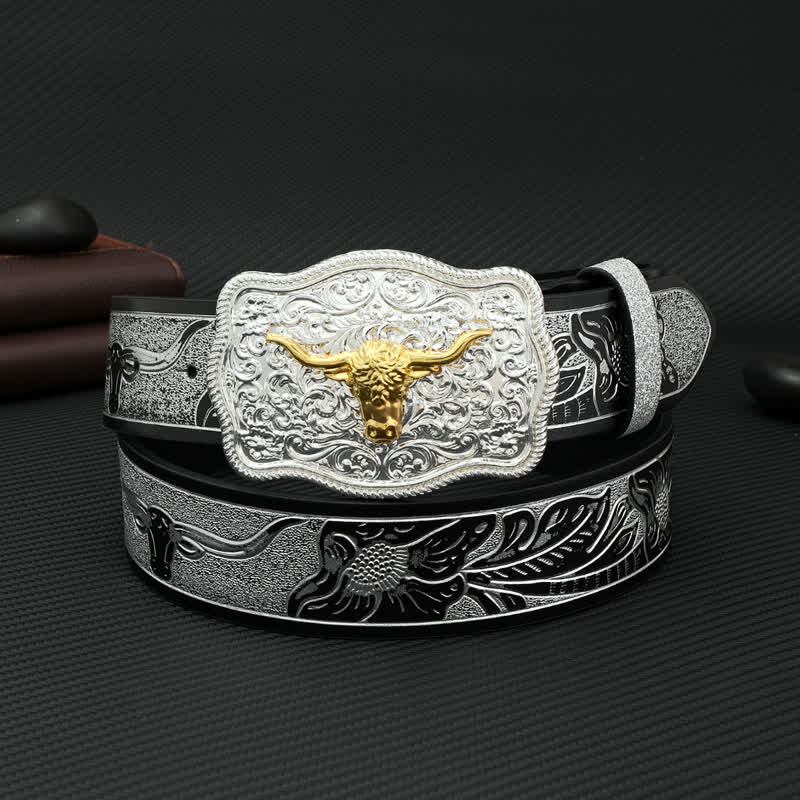 Cinturón de cuero con estampado floral en relieve en plata y negro Bull para hombre