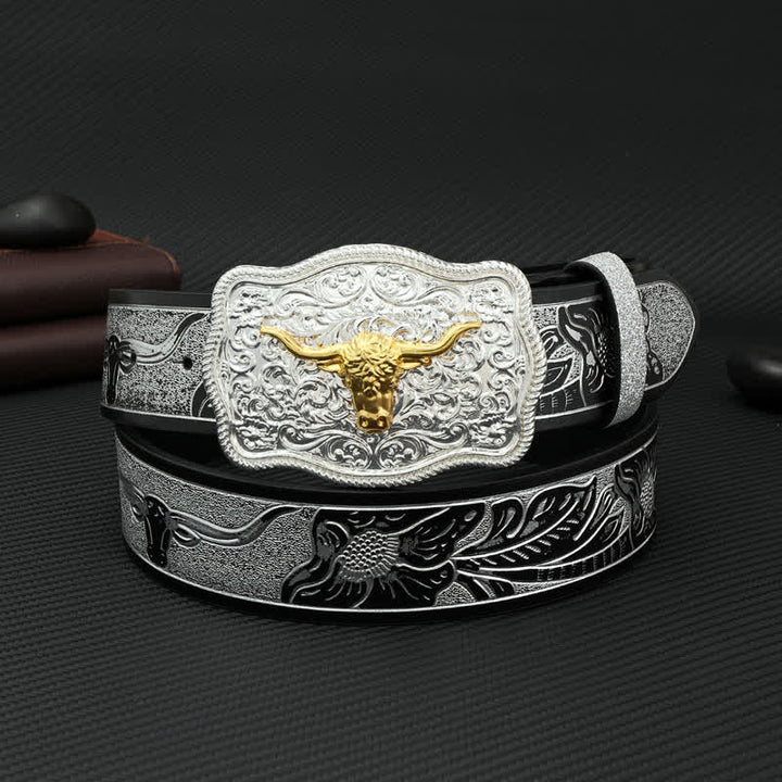 Cinturón de cuero con estampado floral en relieve en plata y negro Bull para hombre