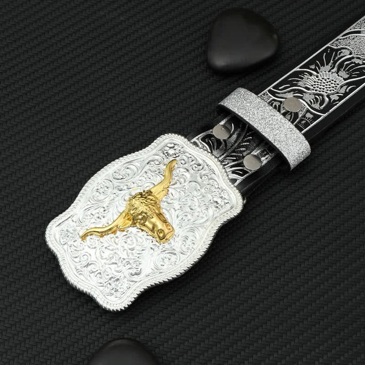 Cinturón de cuero con estampado floral en relieve en plata y negro Bull para hombre