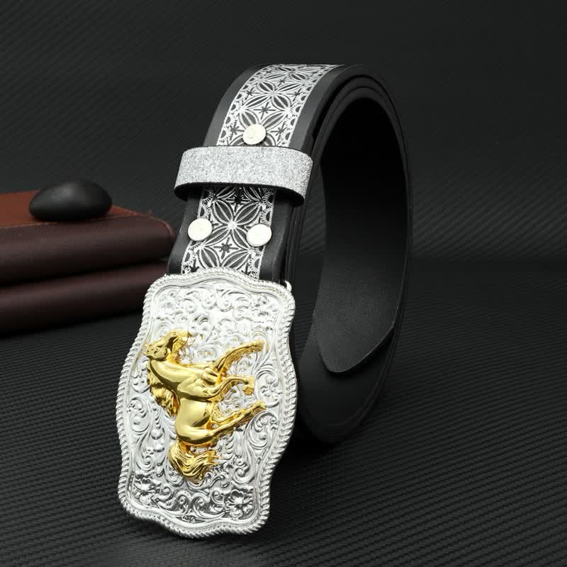 Cinturón de cuero con relieve en tejido plateado Running Horse para hombre