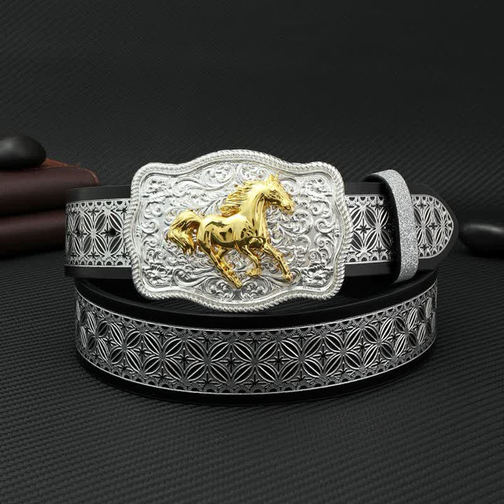 Cinturón de cuero con relieve en tejido plateado Running Horse para hombre