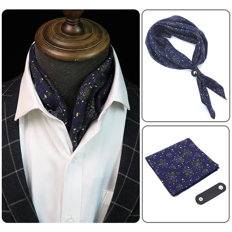 Bufanda cuadrada con flores en azul marino y morado y hebilla