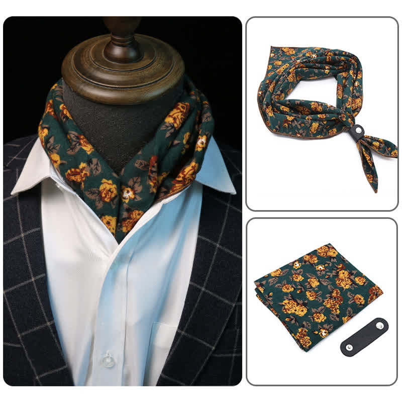 Bufanda cuadrada con flores de color verde oscuro y amarillo y hebilla