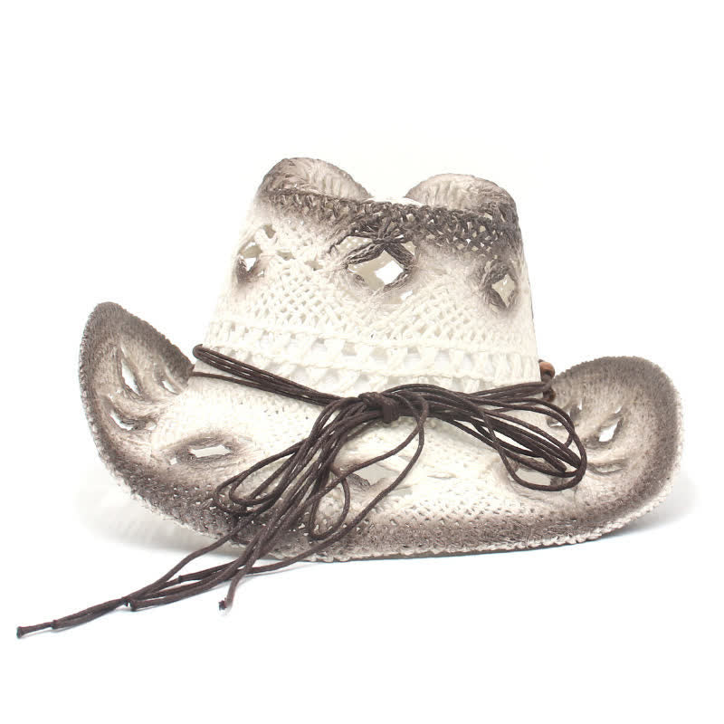 Sombrero de paja estilo vaquero y vaquera con cordón de cuentas huecas estilo bohemio