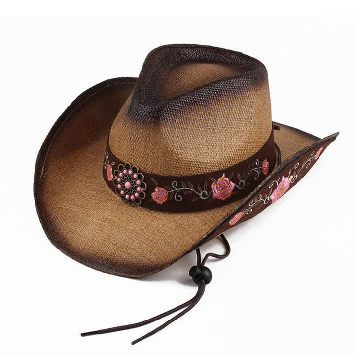 Sombrero de paja vaquero con diseño de vaquera y flores rosas para fiesta del oeste