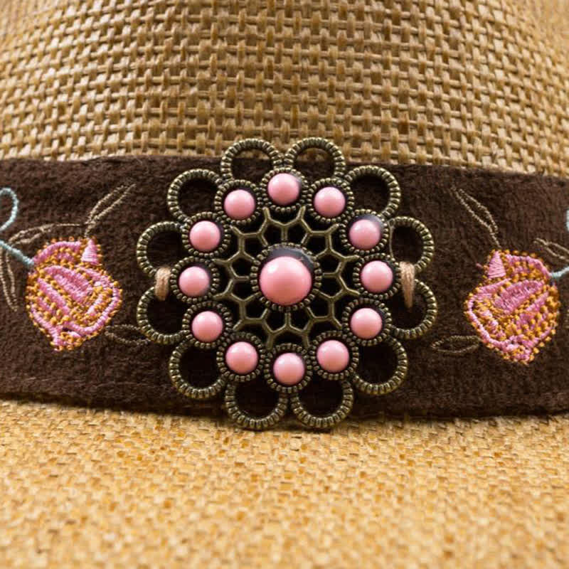 Sombrero de paja vaquero con diseño de vaquera y flores rosas para fiesta del oeste