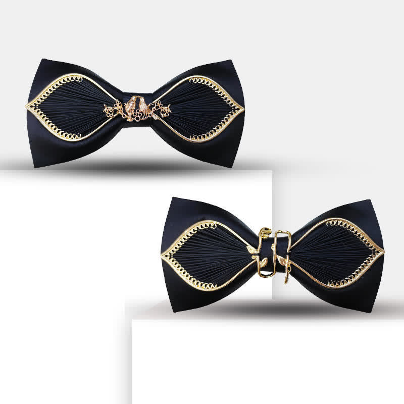Pajarita de boda para hombre con estampado floral de hojas y pájaros dorados