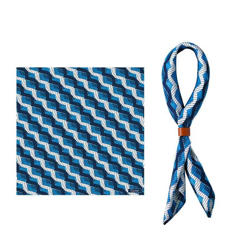 Bufanda cuadrada con estampado geométrico de ondas en azul y blanco