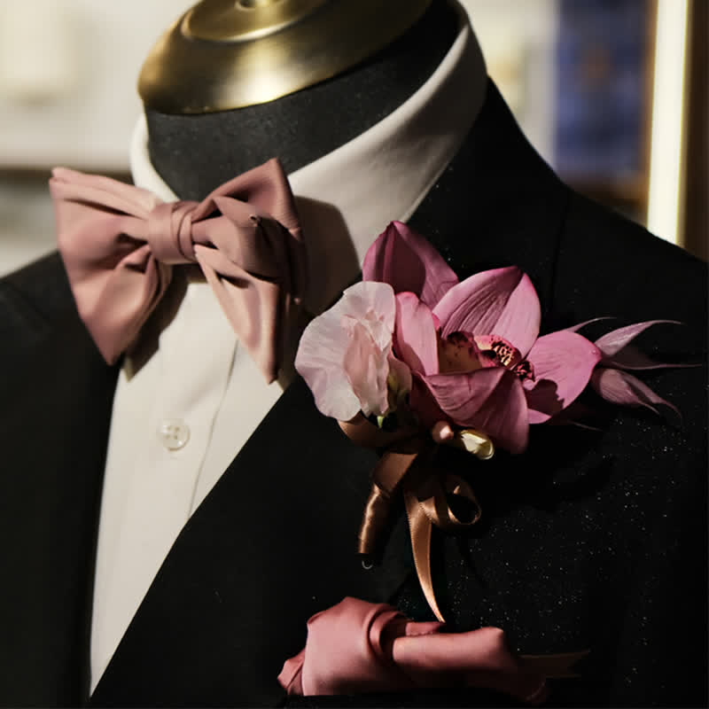 Juego de 3 piezas de broche y pañuelo de cola de pez de color rosa ahumado para hombre