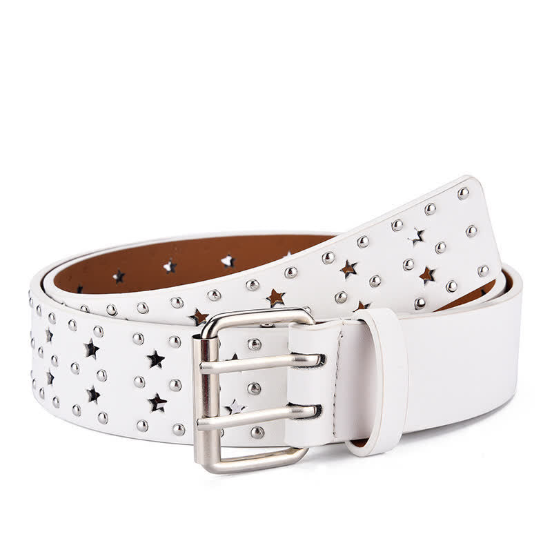 Cinturón de cuero con remaches huecos y doble punta en forma de estrella