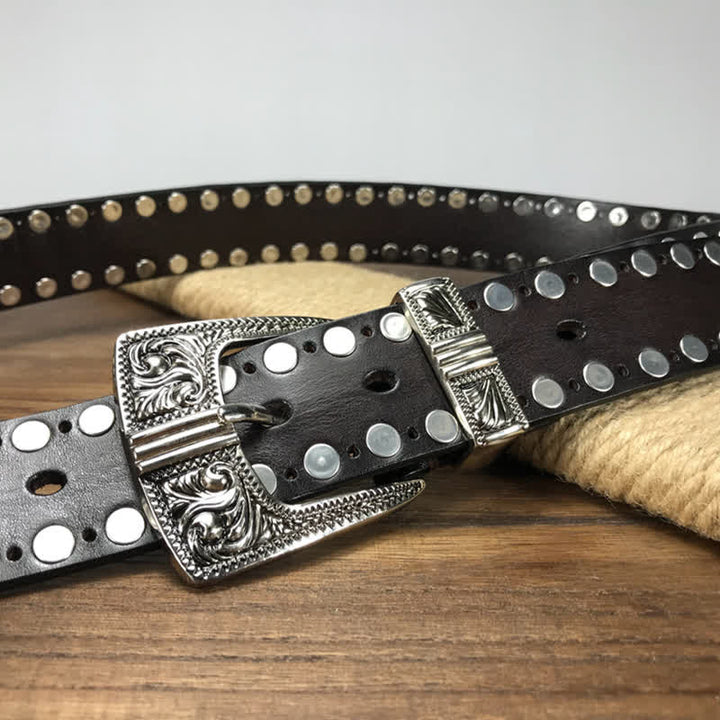Cinturón de cuero con tachuelas y remaches redondos de dos filas de estilo occidental