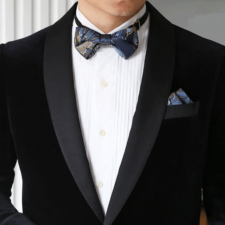 Pajarita de jacquard con estampado floral azul y dorado brillante para hombre