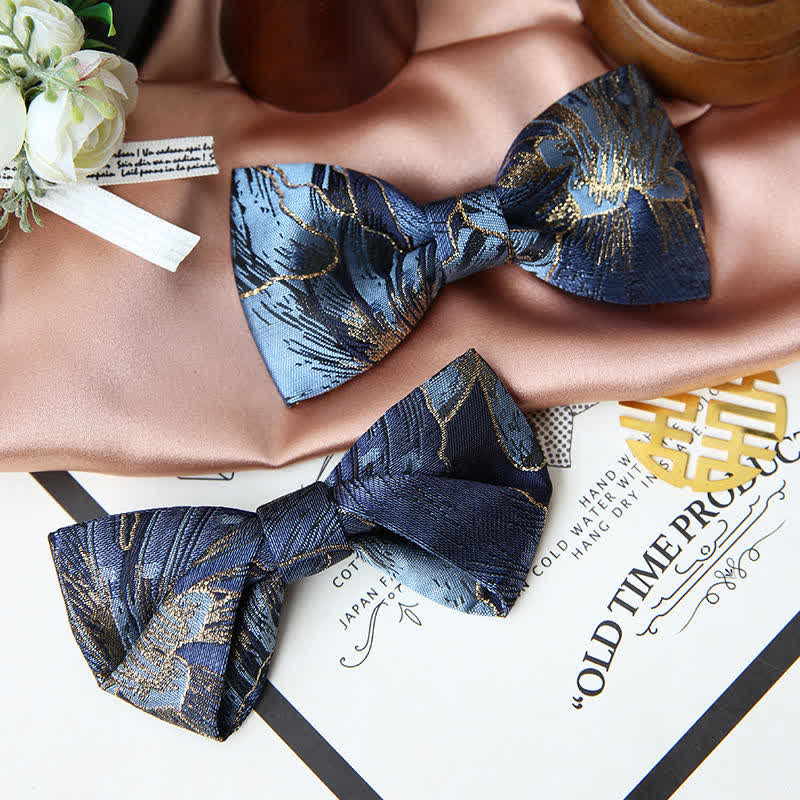 Pajarita de jacquard con estampado floral azul y dorado brillante para hombre