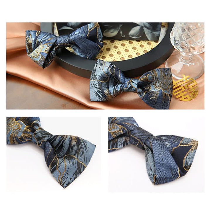 Pajarita de jacquard con estampado floral azul y dorado brillante para hombre