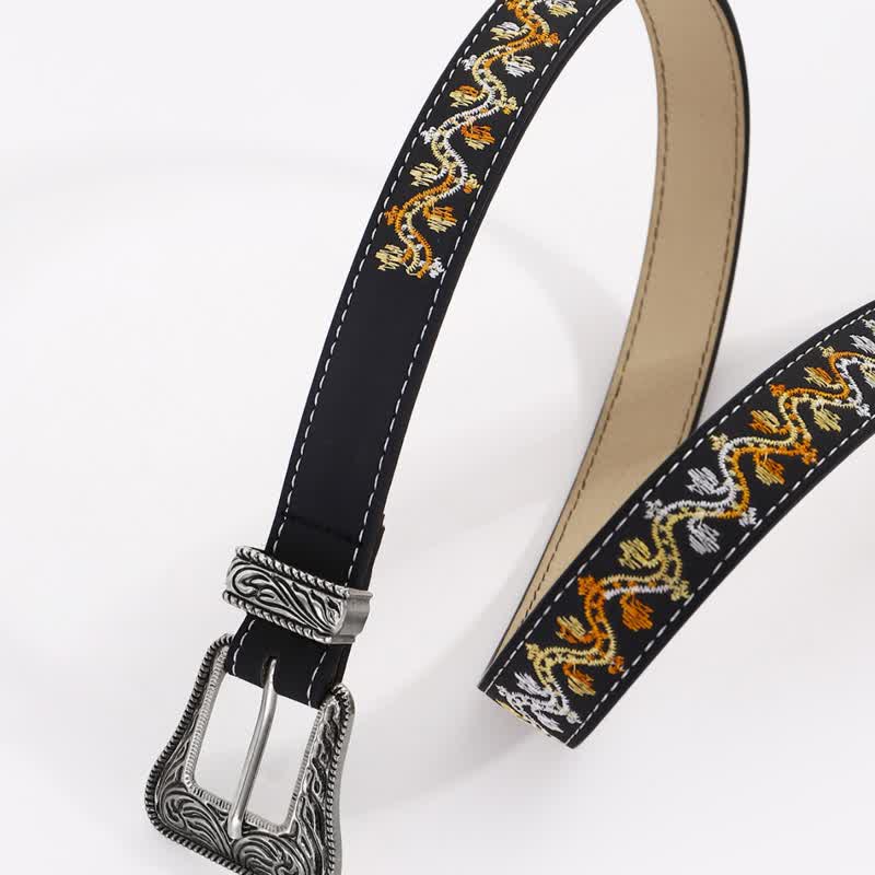 Cinturón de piel con bordados en blanco, naranja y negro para mujer