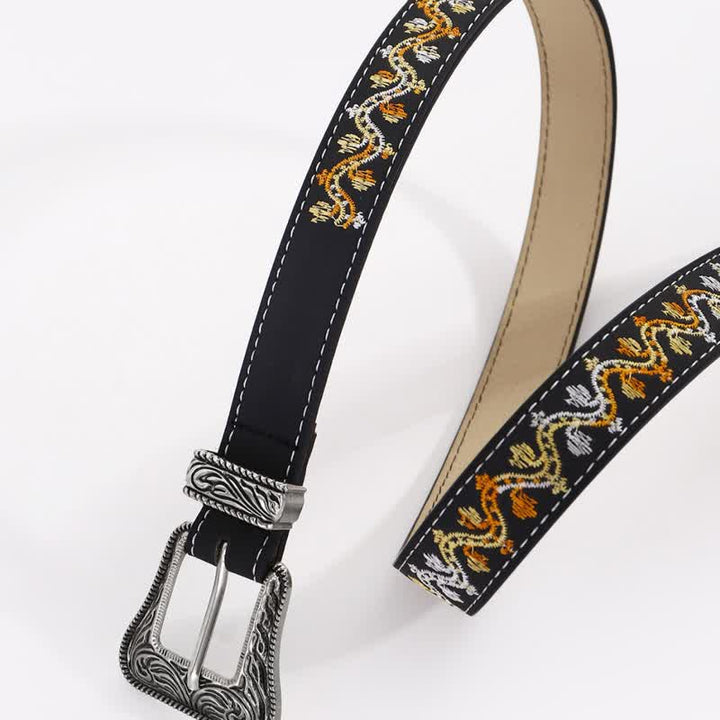 Cinturón de piel con bordados en blanco, naranja y negro para mujer