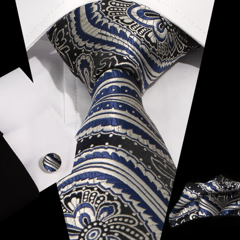 Conjunto de 3 corbatas de jacquard con estampado de cachemira azul y plateado novedosas para hombre
