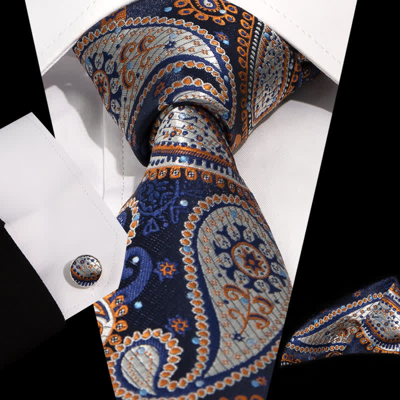 Conjunto de 3 corbatas de jacquard con estampado de cachemira en azul marino, blanco y naranja para hombre