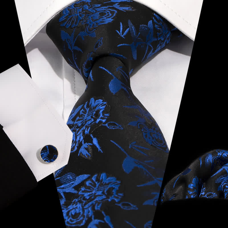 Conjunto de 3 corbatas para hombre con diseño de hojas y flores en azul real y negro