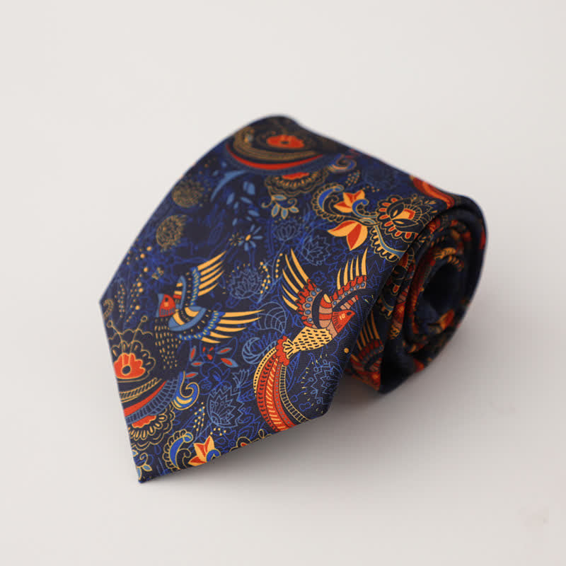 Corbata para hombre con estampado de pájaros en azul marino y naranja vibrante