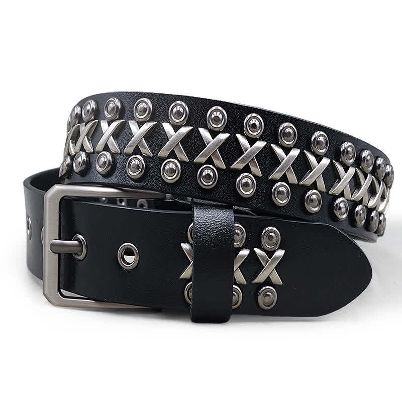Cinturón de cuero con tachuelas estilo punk rock de tres filas y diseño de cruz y círculo
