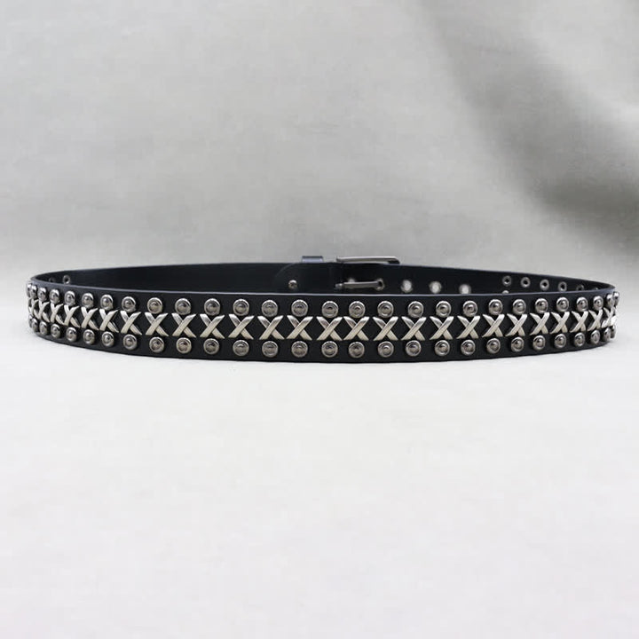 Cinturón de cuero con tachuelas estilo punk rock de tres filas y diseño de cruz y círculo