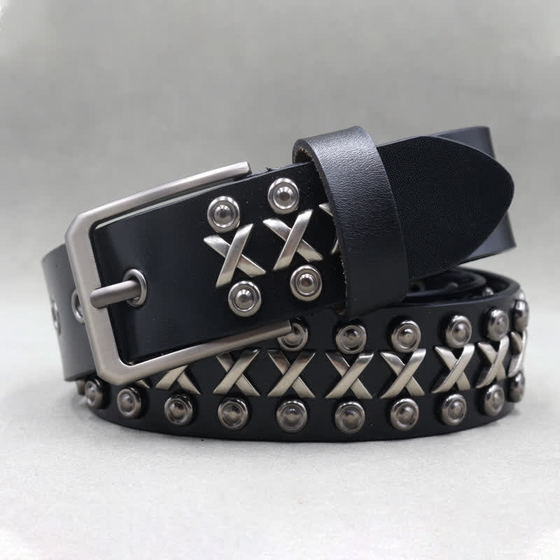 Cinturón de cuero con tachuelas estilo punk rock de tres filas y diseño de cruz y círculo