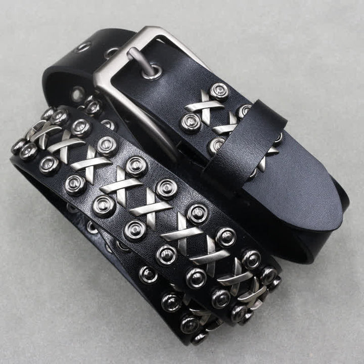 Cinturón de cuero con tachuelas estilo punk rock de tres filas y diseño de cruz y círculo