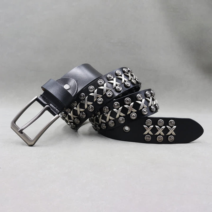 Cinturón de cuero con tachuelas estilo punk rock de tres filas y diseño de cruz y círculo