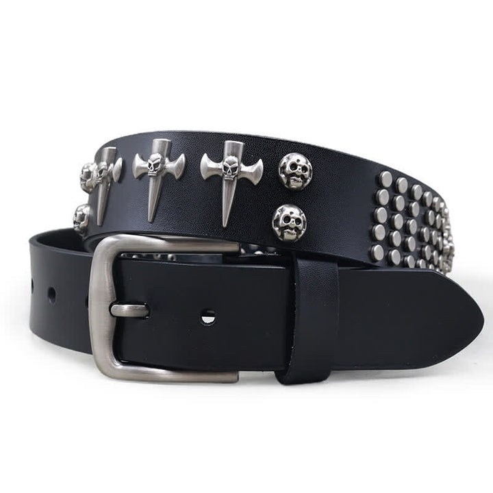 Cinturón de cuero con tachuelas estilo punk rock de tres filas con diseño de cruz y calavera