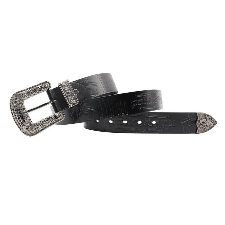 Cinturón de cuero con hebilla de diamantes de imitación y estampado de bala de pistola