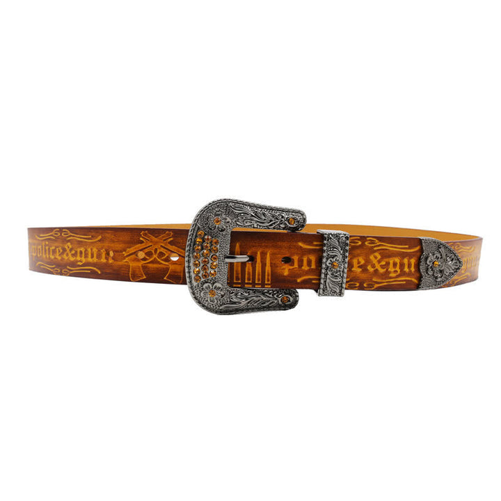 Cinturón de cuero con hebilla de diamantes de imitación y estampado de bala de pistola