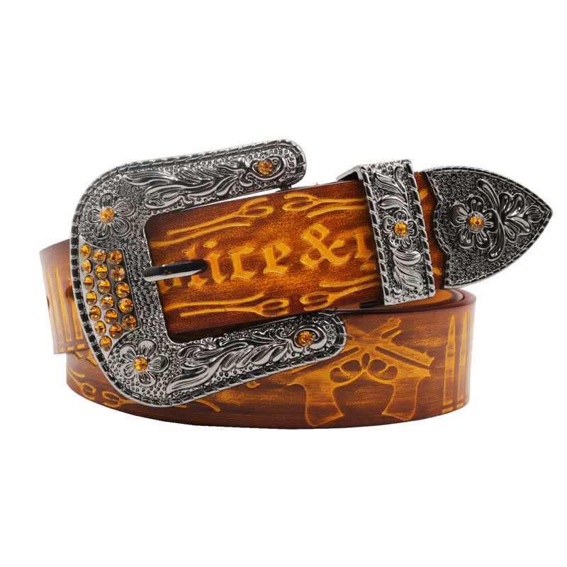 Cinturón de cuero con hebilla de diamantes de imitación y estampado de bala de pistola
