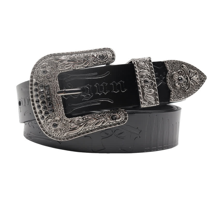 Cinturón de cuero con hebilla de diamantes de imitación y estampado de bala de pistola