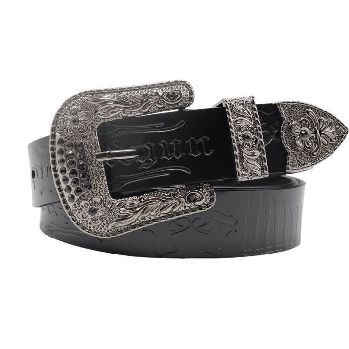 Cinturón de cuero con hebilla de diamantes de imitación y estampado de bala de pistola