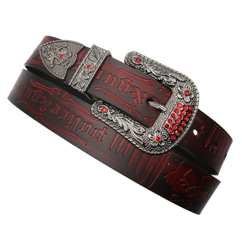 Cinturón de cuero con hebilla de diamantes de imitación y estampado de bala de pistola
